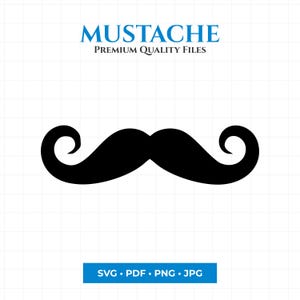 Op de afbeelding: Een zwarte snor-afbeelding met gekrulde uiteinden, tegen een witte achtergrond met een subtiel rasterpatroon. De tekst "MUSTACHHE PREMIUM QUALITY FILES" staat in blauw boven de snor. Hieronder een blauwe balk met bestandsformaten: SVG, PDF, PNG en JPG.