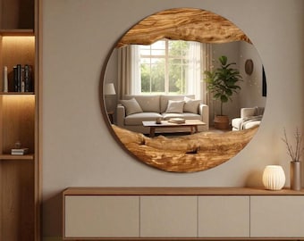 Round Walnut Wood Mirror 60 cm – Handmade Natural Walnut Frame Mirror, Modern Rustic Wall Decor, Entryway Living Room Vanity Mirror