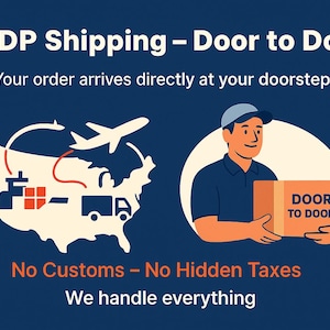 May include: Illustration promoting DDP shipping. A delivery person holds a box labeled "Door to Door." The image includes a map of the U.S. with icons of a plane, truck, and ship, and the text "No Customs - No Hidden Taxes."