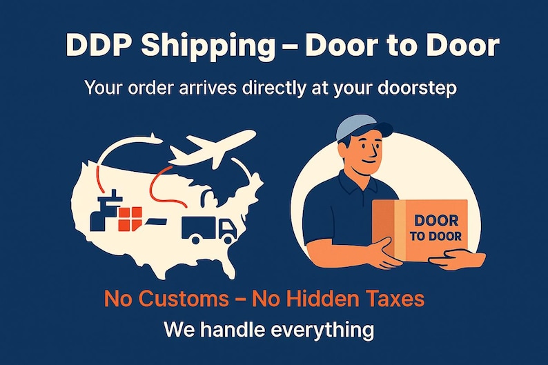 May include: Illustration promoting DDP shipping. A delivery person holds a box labeled "Door to Door." The image includes a map of the U.S. with icons of a plane, truck, and ship, and the text "No Customs - No Hidden Taxes."
