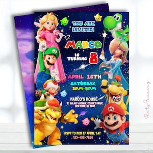 Edytowalne zaproszenie urodzinowe Super Mario Galaxy, zaproszenie na imprezę filmową Super Mario, zaproszenie Mario Galaxy, drukowane zaproszenie urodzinowe dla dzieci v2 zdjęcie 1