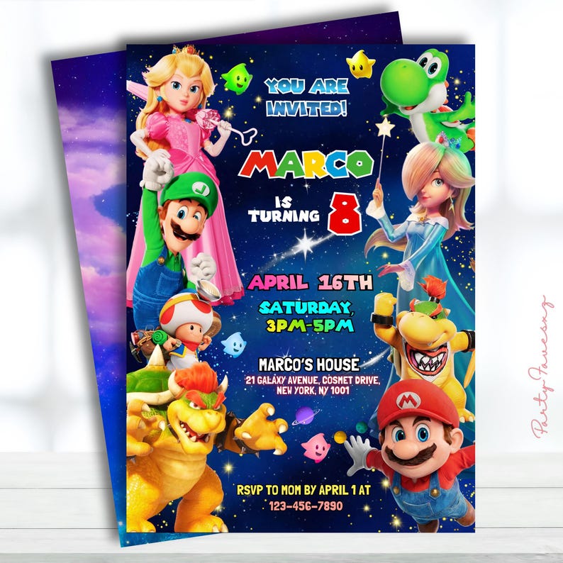 Edytowalne zaproszenie urodzinowe Super Mario Galaxy, zaproszenie na imprezę filmową Super Mario, zaproszenie Mario Galaxy, drukowane zaproszenie urodzinowe dla dzieci v2 zdjęcie 1
