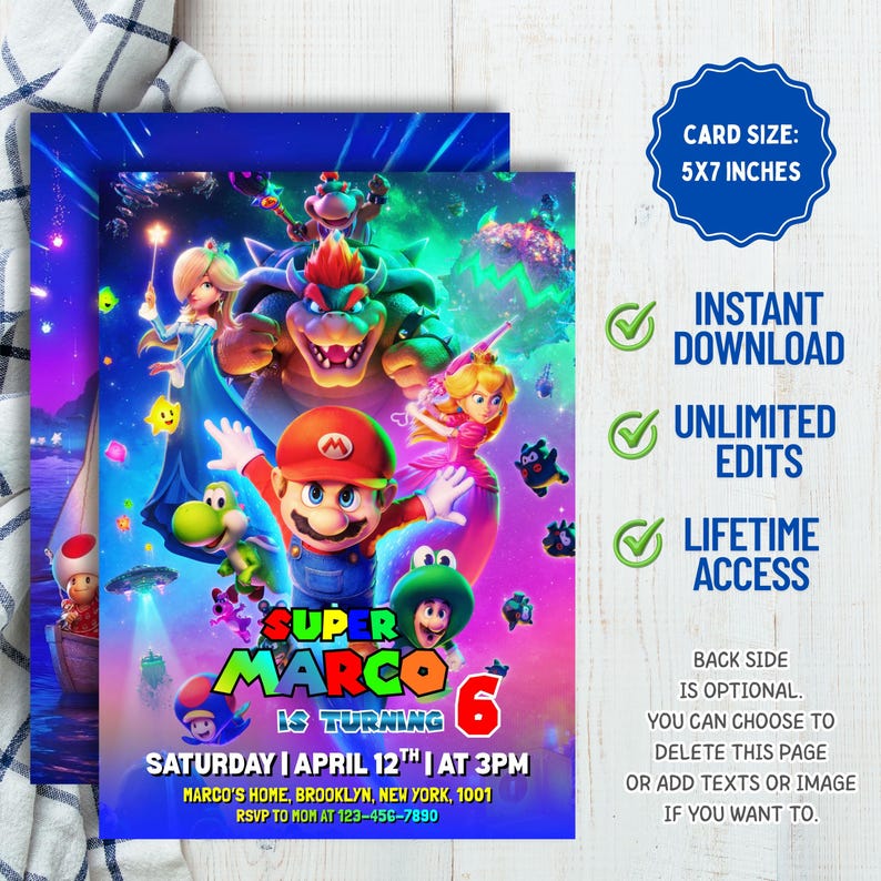 Puede incluir: Una vibrante tarjeta de invitaci&oacute;n con una colorida ilustraci&oacute;n de personajes de un popular videojuego. La tarjeta mide 12,7 x 17,8 cm e incluye el texto "Super Marco cumple 6" con detalles del evento. Descarga instant&aacute;nea, ediciones ilimitadas y acceso de por vida.