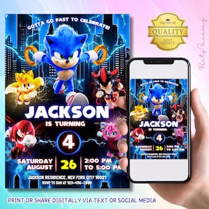 Op de afbeelding: Een blauwe verjaardagsuitnodiging met Sonic the Hedgehog en vrienden. De uitnodiging bevat de tekst "GOTTA GO FAST TO CELEBRATE!" en details voor een feestje voor Jackson, die 4 wordt, op 26 augustus.