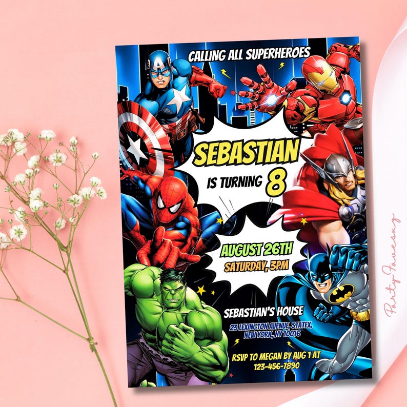 May include: A superhero-themed birthday party invitation featuring Captain America, Spider-Man, Iron Man, Thor, Batman, and the Hulk. The invitation reads "Calling All Superheroes" and includes the name "Sebastian", age 8, date, time, and address.