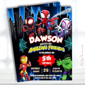May include: A black and blue birthday party invitation featuring several superhero characters, including Spider-Man, Iron Man, and the Hulk. The invitation reads "Dawson invites his amazing friends to celebrate his 5th birthday!"
