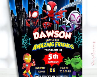 Edytowalne zaproszenie urodzinowe Spidey i jego niesamowici przyjaciele, zaproszenie na przyjęcie urodzinowe Spidey, drukowane zaproszenie urodzinowe dla dzieci Spidey, cyfrowe