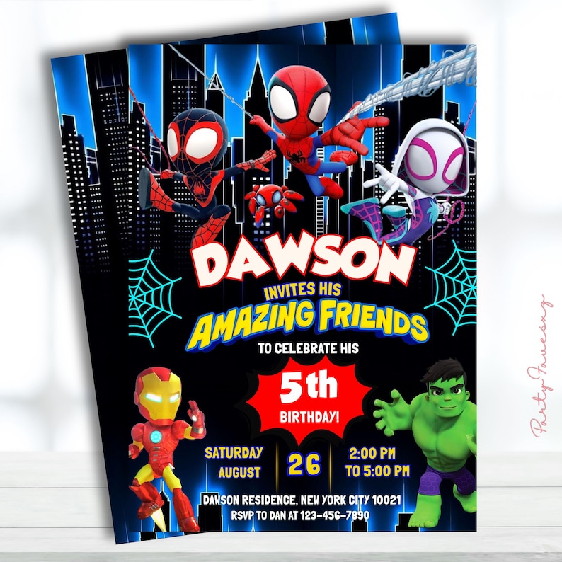 May include: A black and blue birthday party invitation featuring several superhero characters, including Spider-Man, Iron Man, and the Hulk. The invitation reads "Dawson invites his amazing friends to celebrate his 5th birthday!"