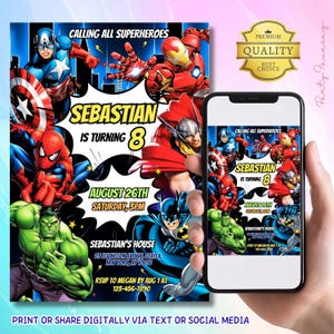 May include: Superhero-themed birthday party invitation featuring comic book characters. The invitation reads "Calling All Superheroes" and includes the text "Sebastian is turning 8". The date is August 26th, Saturday, 3 PM. The invitation is shown on a phone and a printed card.