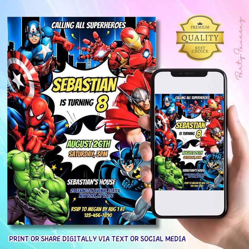 May include: Superhero-themed birthday party invitation featuring comic book characters. The invitation reads "Calling All Superheroes" and includes the text "Sebastian is turning 8". The date is August 26th, Saturday, 3 PM. The invitation is shown on a phone and a printed card.