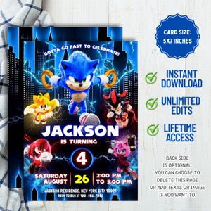 Op de afbeelding: Een blauwe verjaardagsuitnodiging met Sonic the Hedgehog en vrienden. De uitnodiging bevat de tekst "Gotta Go Fast to Celebrate!" en details voor een feestje voor Jackson. Kaartformaat: 12,7 x 17,8 cm.