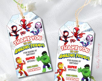 Editable Spidey and His Amazing Friends Birthday Thank You Tags, Spidey Kids Gift Tags, Spidey Birthday Party Favor Tags, Printable Gift Tag