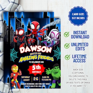 May include: A personalized birthday party invitation featuring superhero characters. The invitation includes the text "DAWSON INVITES HIS AMAZING FRIENDS" and details for a 5th birthday celebration. Card size is 5x7 inches.