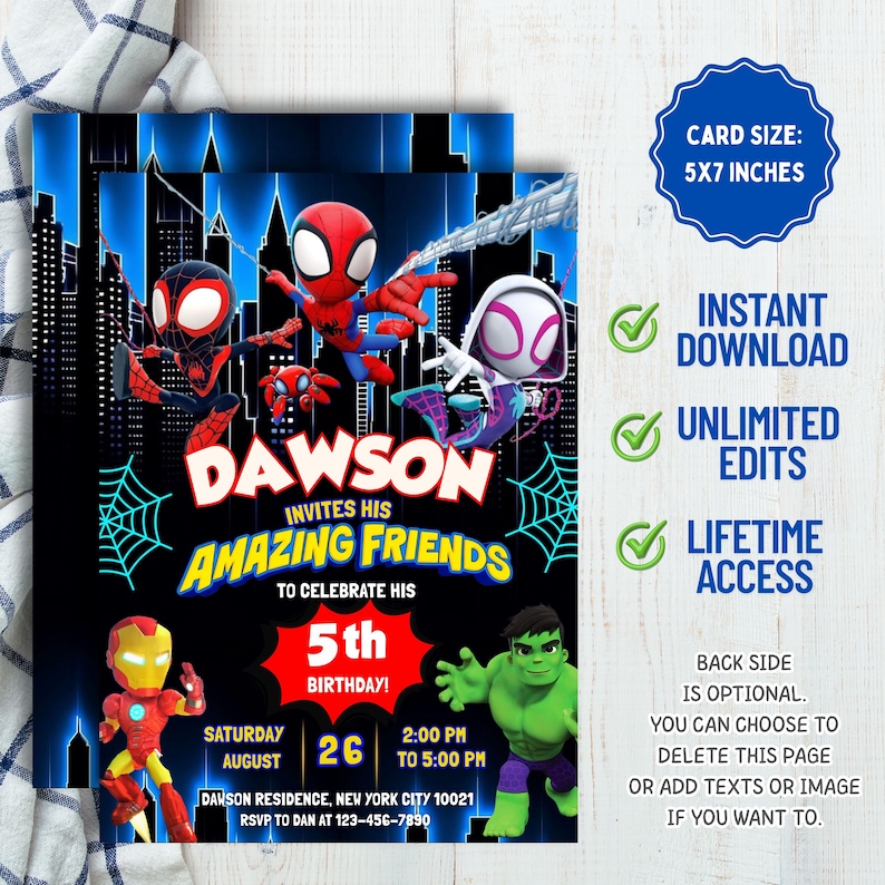 May include: A personalized birthday party invitation featuring superhero characters. The invitation includes the text "DAWSON INVITES HIS AMAZING FRIENDS" and details for a 5th birthday celebration. Card size is 5x7 inches.