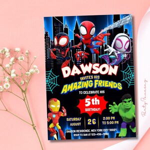May include: A birthday invitation featuring superhero characters against a cityscape backdrop. The invitation reads "DAWSON INVITES HIS AMAZING FRIENDS" to celebrate a 5th birthday. Includes date, time, and RSVP information. The design incorporates spiderwebs and various superhero illustrations.