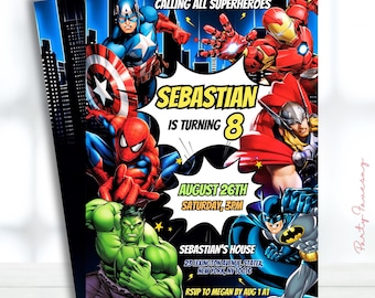 Edytowalne zaproszenie urodzinowe superbohaterów, zaproszenie na przyjęcie urodzinowe superbohaterów, drukowane zaproszenie urodzinowe dla dzieci z Avengersami, impreza Avengers