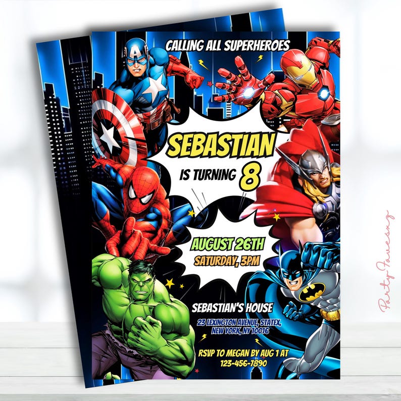 May include: Superhero-themed birthday party invitations featuring Captain America, Iron Man, Spider-Man, Thor, Hulk, and Batman. The invitation reads "Calling All Superheroes" and includes the name "Sebastian", age "8", and party details.