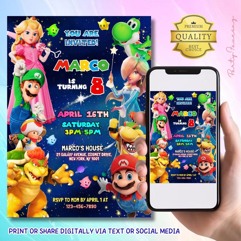 Edytowalne zaproszenie urodzinowe Super Mario Galaxy, zaproszenie na imprezę filmową Super Mario, zaproszenie Mario Galaxy, drukowane zaproszenie urodzinowe dla dzieci v2 zdjęcie 2