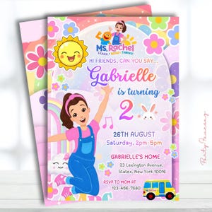 May include: A colorful invitation for a child's birthday party. The design features a cartoon illustration of a girl, a smiling sun, flowers, and a rainbow. The text reads "Gabrielle is turning 2" and includes party details.