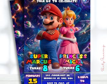 Editable Super Mario and Princess Peach Birthday Invitation,  Siblings Party Invite, Printable Joint Birthday Invitation, Mario Galaxy