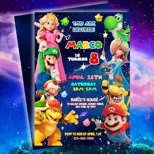 Może przedstawiać: Zaproszenie na przyjęcie urodzinowe z postaciami z gier wideo. Zaproszenie zawiera tekst "YOU ARE INVITED!" i "MARCO IS TURNING 8". Data i godzina to 16 kwietnia, sobota, 15:00-17:00. Lokalizacja to Marco's House, Nowy Jork.