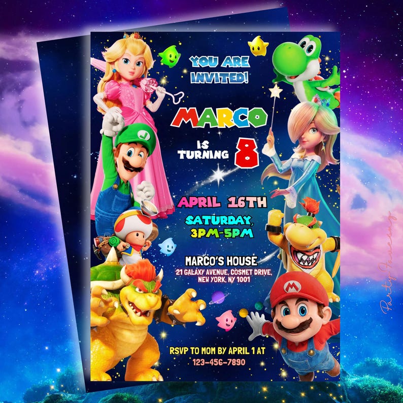 Może przedstawiać: Zaproszenie na przyjęcie urodzinowe z postaciami z gier wideo. Zaproszenie zawiera tekst "YOU ARE INVITED!" i "MARCO IS TURNING 8". Data i godzina to 16 kwietnia, sobota, 15:00-17:00. Lokalizacja to Marco's House, Nowy Jork.