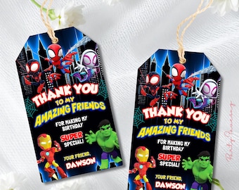 Etiquetas de agradecimiento de cumpleaños editables de Spidey y sus increíbles amigos, etiquetas de regalo para niños de Spidey, etiquetas de recuerdo para fiesta de cumpleaños de Spidey, etiqueta de regalo imprimible