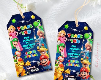 Etichette di ringraziamento personalizzabili per il compleanno a tema Super Mario Galaxy, etichette regalo per bambini a tema Mario Galaxy, etichette per bomboniere per feste di compleanno a tema Mario Galaxy, etichette regalo stampabili