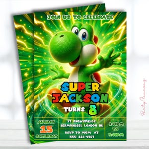 Redigerbar Yoshi-födelsedagsinbjudan, Super Mario Yoshi-festinbjudan, utskrivbar Mario Galaxy Yoshi-inbjudan, barnfödelsedagsinbjudan
