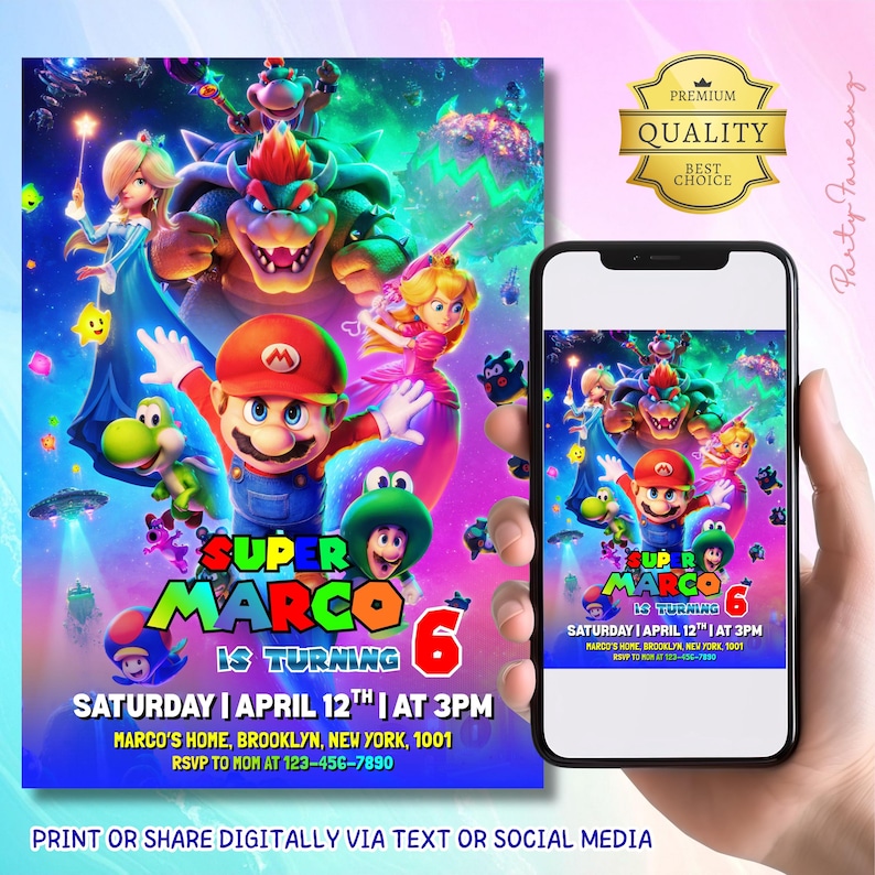 Puede incluir: Una invitaci&oacute;n de cumplea&ntilde;os con los personajes de Super Mario. La invitaci&oacute;n tiene un dise&ntilde;o colorido con el texto "Super Marco cumple 6 a&ntilde;os" y detalles del evento. Un smartphone muestra el mismo dise&ntilde;o. La invitaci&oacute;n es para uso digital o impreso.