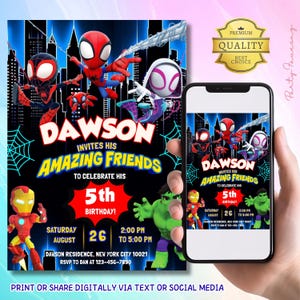 May include: A digital invitation featuring Spider-Man, Spider-Gwen, and other Marvel characters. The invitation is for Dawson's 5th birthday, with event details including the date, time, and location in New York City. The invitation is designed to be shared digitally.