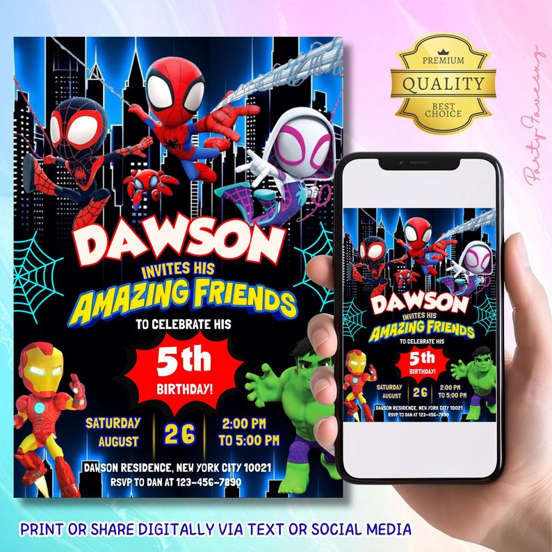 May include: A digital invitation featuring Spider-Man, Spider-Gwen, and other Marvel characters. The invitation is for Dawson's 5th birthday, with event details including the date, time, and location in New York City. The invitation is designed to be shared digitally.