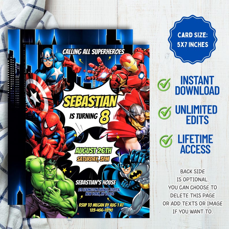May include: Superhero-themed birthday party invitation featuring Captain America, Spider-Man, Iron Man, Thor, Hulk, and Batman. The invitation is 5x7 inches and includes the text "Calling All Superheroes" and details for Sebastian's 8th birthday.