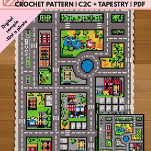 Può includere: Uno schema digitale all'uncinetto per una coperta con mappa della città di BingenOnDesigns, con strade grigie, parchi verdi, uno stagno blu e vari edifici. Il design include etichette di testo, un campo da calcio e una griglia per l'uncinetto.