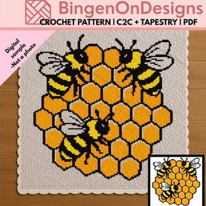 May include: A crochet pattern by BingenOnDesigns for a C2C and tapestry project. The design features three bees on a yellow honeycomb background with black outlines. The text reads BingenOnDesigns CROCHET PATTERN | C2C + TAPESTRY | PDF.