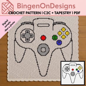 Peut inclure: Un modèle de crochet numérique PDF par BingenOnDesigns présentant un graphique pixélisé de manette de jeu vidéo. Le design comprend une croix directionnelle grise, un bouton rouge, un bouton B vert, un bouton A bleu et quatre boutons jaunes.