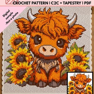 Wzór na szydełkowy koc z krową szkocką | Słoneczniki C2C Tapestry PDF