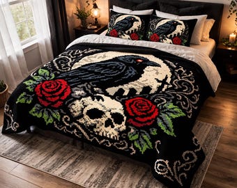 Gothic Raven Crochet Pattern – C2C Blanket Pattern – Skull, Roses & Moon – 120x120 Squares – Digital Download