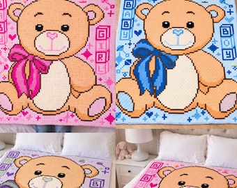 Teddy Bear Baby Blanket C2C Crochet Pattern Bundle – 3 Colour Designs (Girl/Boy/Neutral)