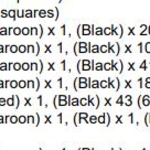 May include: A text-based knitting or crochet pattern chart listing rows 57 through 63. Each line specifies row numbers, RS or WS indicators, and the sequence of black, maroon, and red stitches, ending with the total square count per row.