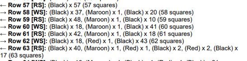 May include: A text-based knitting or crochet pattern chart listing rows 57 through 63. Each line specifies row numbers, RS or WS indicators, and the sequence of black, maroon, and red stitches, ending with the total square count per row.