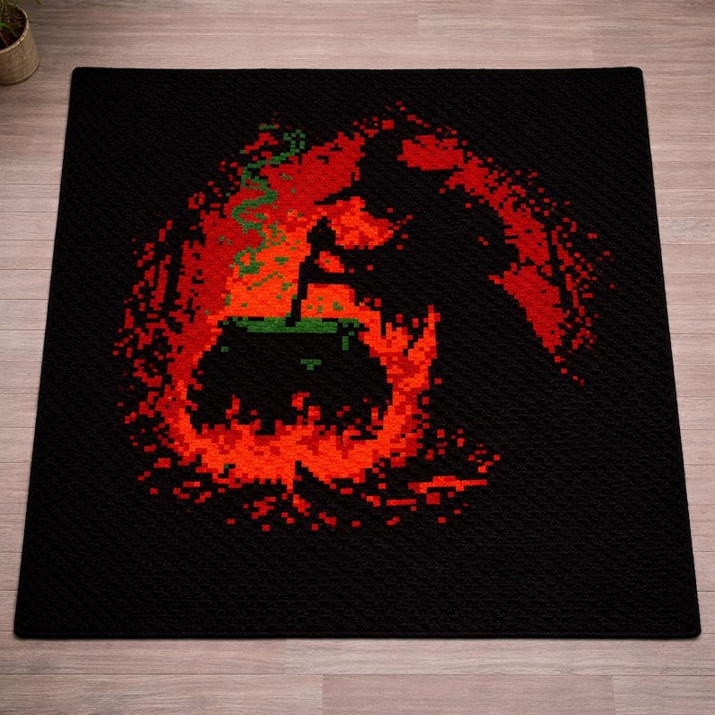 May include: A square black rug featuring a pixel art design of a silhouette stirring a cauldron. The cauldron is surrounded by vibrant orange and red flames, with a green substance bubbling over the top edge in a pixelated style.