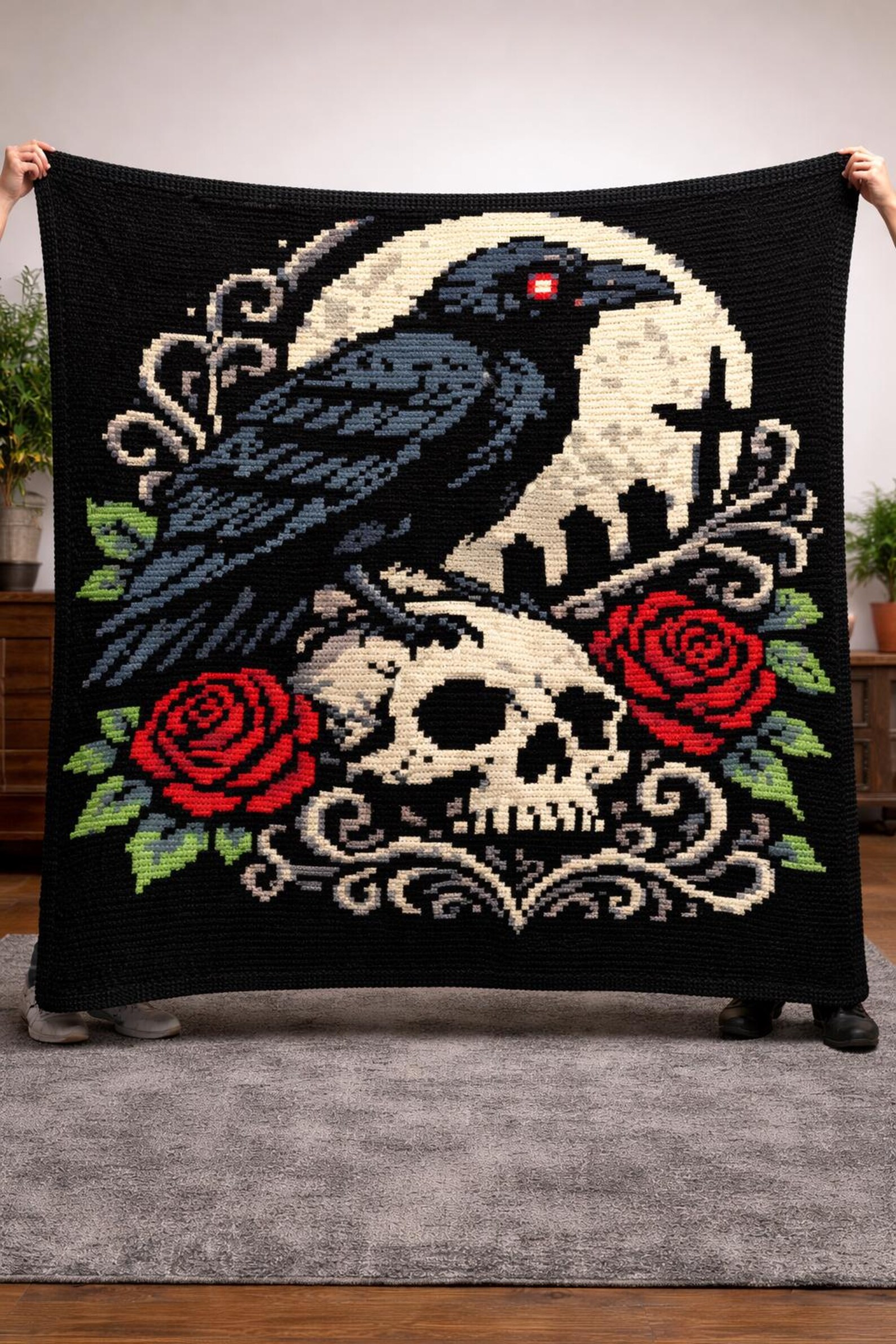 Gothic Raven Crochet Pattern – C2C Blanket Pattern – Skull, Roses ...