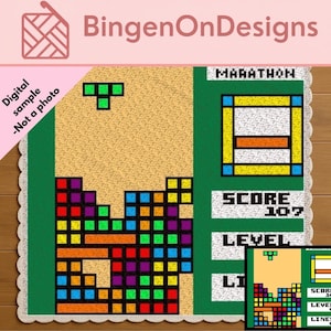 May include: A rectangular crochet blanket featuring a pixelated video game interface design with a tan background, a green side panel, and colorful block shapes. The text MARATHON, SCORE 107, LEVEL, and LINES are displayed in a pixelated font style.