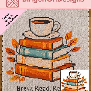 Op de afbeelding: Een digitaal kruissteekpatroon met een stapel van drie boeken met daarop een koffiekopje, omringd door oranje herfstbladeren. De tekst "Brew. Read. Repeat" staat onderaan. Het ontwerp bevat een kleine ingevoegde voorbeeldafbeelding.