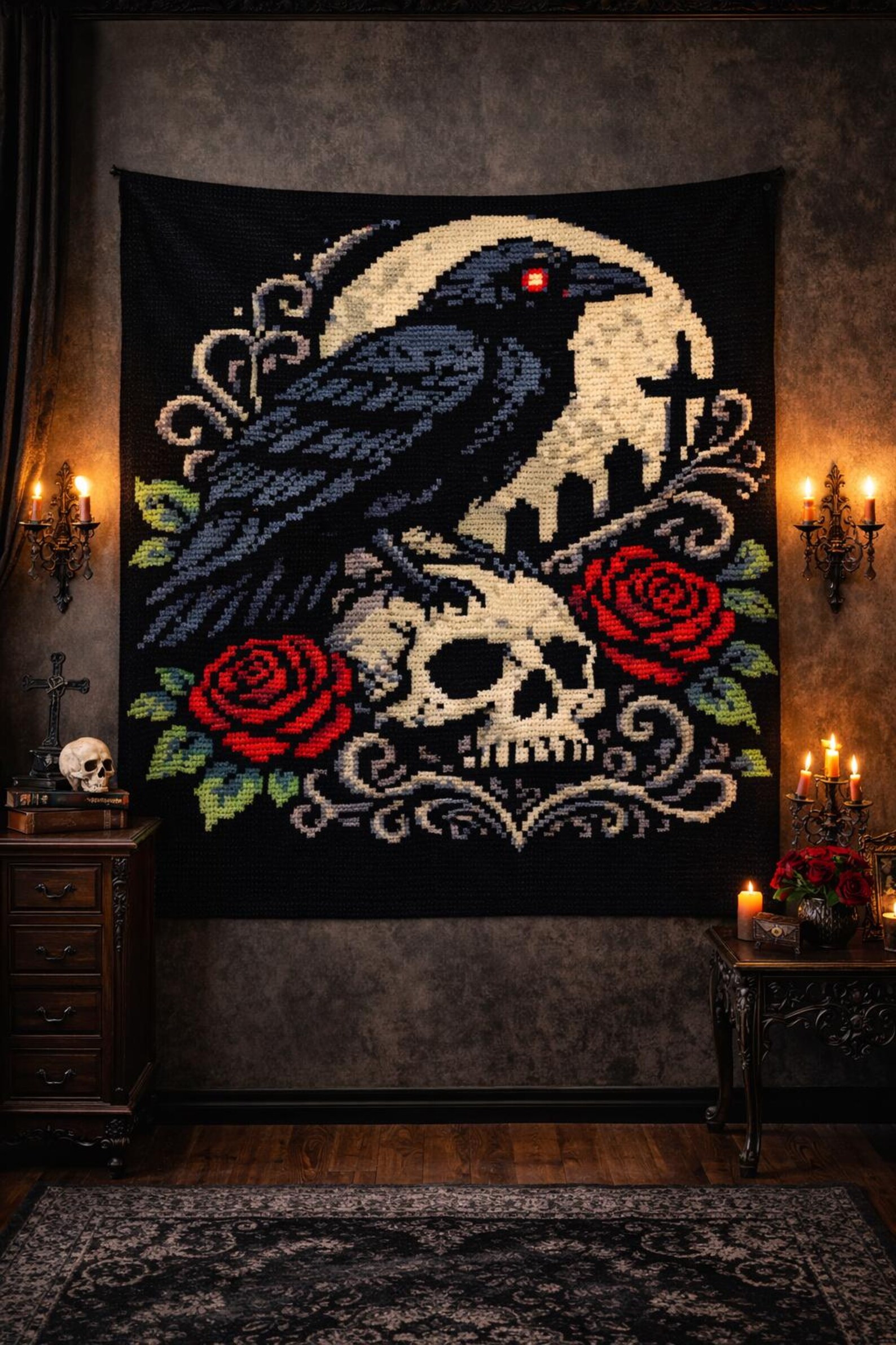 Gothic Raven Crochet Pattern – C2C Blanket Pattern – Skull, Roses ...