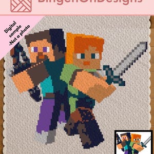 May include: A square crochet blanket featuring a pixelated graphic of two Minecraft characters, Steve and Alex, standing back-to-back. The blanket has a scalloped edge and a light beige background. Text at the top reads BingenOnDesigns.