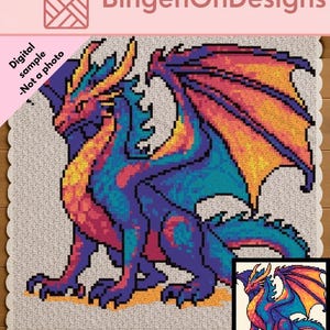 May include: A digital sample of a crochet pattern featuring a pixel art dragon in shades of blue, purple, orange, and yellow. The design includes the text BingenOnDesigns and Digital sample - Not a photo. The dragon has large wings and horns.