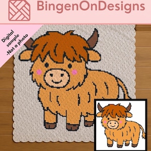 May include: A digital pattern design featuring a pixelated Highland cow with brown fur, dark horns, and pink cheeks. The image includes the text BingenOnDesigns and a note stating Digital sample - Not a photo, with a smaller inset of the cow graphic.