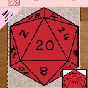 May include: A square crochet blanket featuring a large red twenty-sided die graphic with black outlines and numbers, including a prominent 20 in the center. The text BingenOnDesigns and Digital sample -Not a photo are visible on the image.